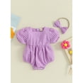 thumbnail image 2 of Bslissey Baby Girls Short Puff Sleeve Romper Solid Color Mesh Plaid Square Neck Bodysuit with Bow Headband Newborn Infant Cute Clothes for Casual Daily 3M 6M 12M 18M, 2 of 9