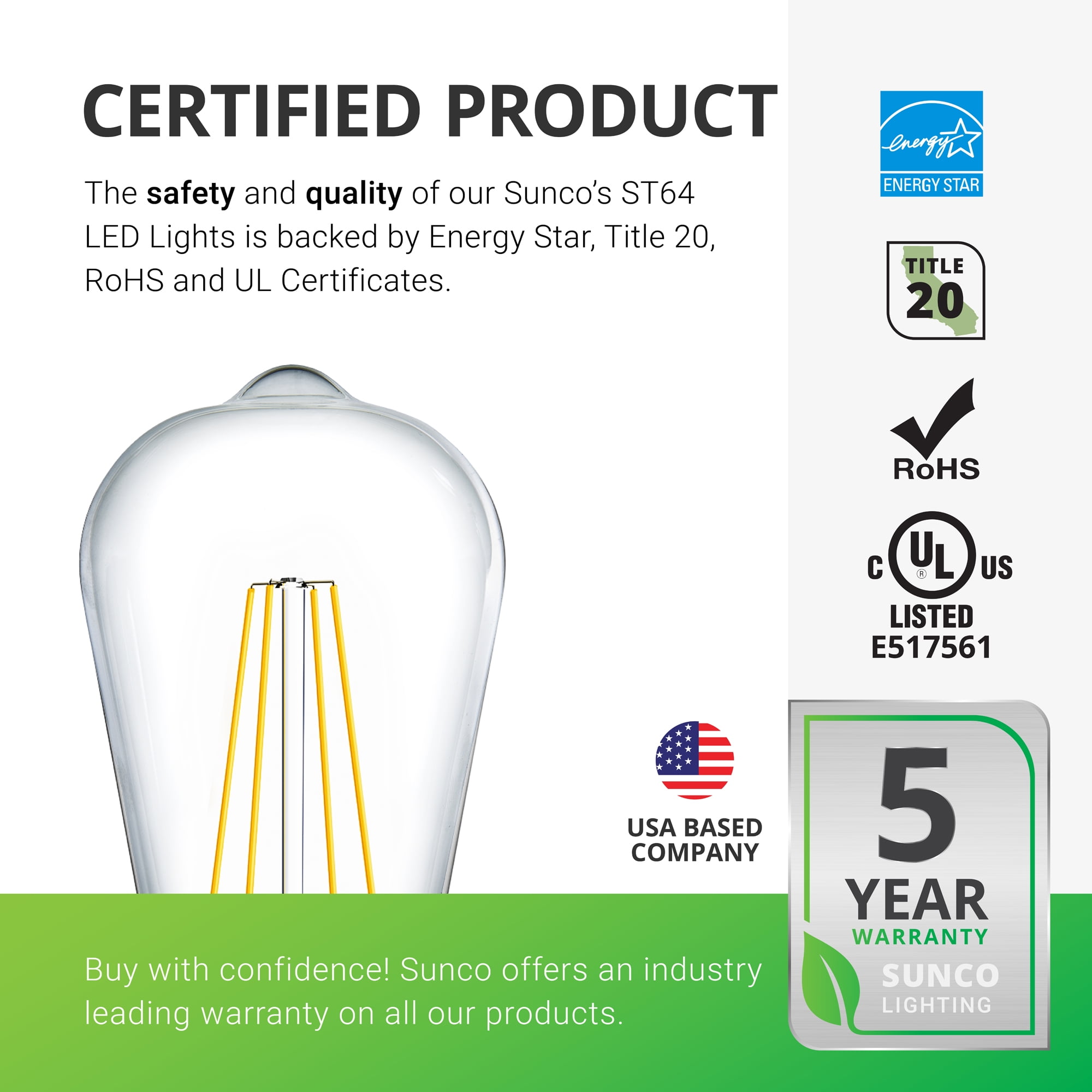 Sunco Lighting 16 Pack ST64 LED Bulb, Dimmable, Waterproof, 8.5W=60W, 3000K Warm White, Vintage Edison Filament Bulb, 800 LM, E26 Base, Restaurant or String Lights - UL & Energy Star