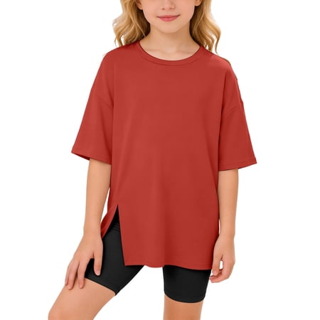 Angala Toddler Girls Tops Half Sleeve Crew Neck Solid Color Summer Loose Fit Breathable Comfortable Lightweight Dailywear Child Tops Size 13-14 Years Pink