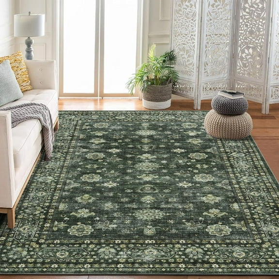 EcoSummer 6x9 Ft Vintage Washable Area Rug, Distressed Floral Boho Rug with Non-Slip Backing, Soft Non-Shedding Throw Rug for Living Room, Bedroom, Kitchen, High Traffic Areas, Green