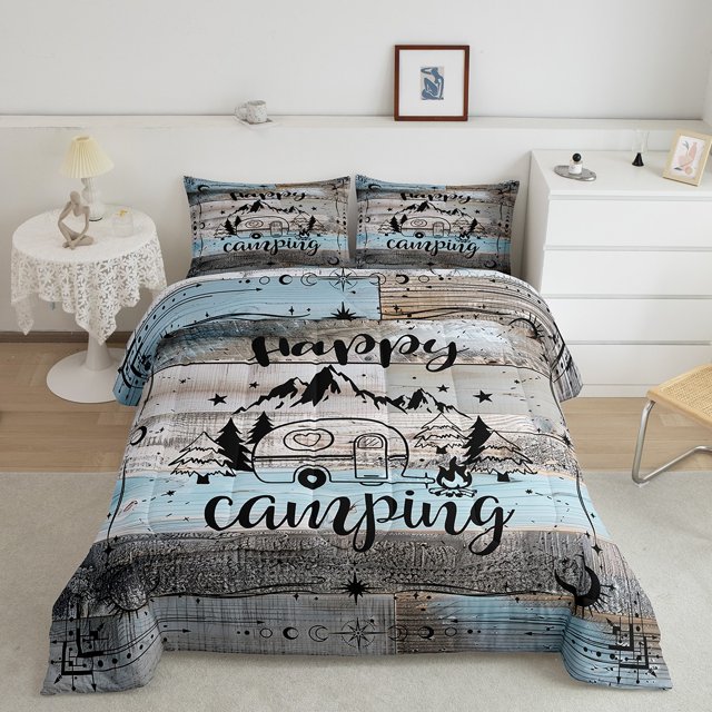 YST Rustic Camper Comforter Set King Happy Camping Bunk Bedding Set Boho Moon Stars Rv Camper Decor Quilt For Travel Trailers,Camping Car Inside Accessories Must Haves Duvet,Blue Grey