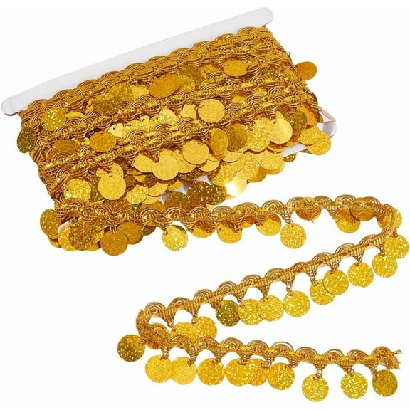 10 Yards Gold Coin Shape Sequin Tassel Trim Sequins Bead Fringe Lace Trimming Braid Metallic Glitter Belly Ribbon Chain Bulk for Sewing Making Clothes Dresses Dance Crafts Costume Accessory