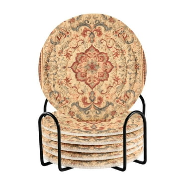 Rustic Pattern 6 Pcs Drink Coasters with Holder Absorbent Coasters Woven Coasters for Drinks Table Desk Protection Home Decor