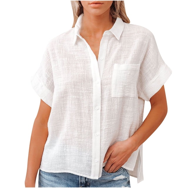 Babysbule Womens Tops Clearance Ladies Solid Color Cotton And Linen Shirt Short Sleeve Lapel Button Top