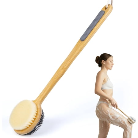 Dual-Sided Back Scrubber for Shower – Nylon Bristles for Deep Exfoliation Soft Silicone for Gentle Care Long Bamboo Handle with Anti-Slip Grip Perfect for Wet or Dry Brushing (Gray)