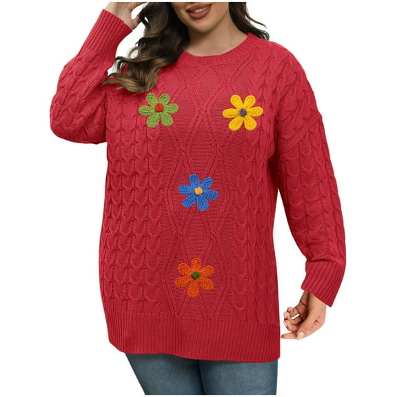 Tnhcen Plus Size Floral Embroidery Sweater Women's Round Neck Acrylic Top Loose Fit Long Sleeve Pullover Fall Winter Warm Knit Colorful Flower Design L-3XL