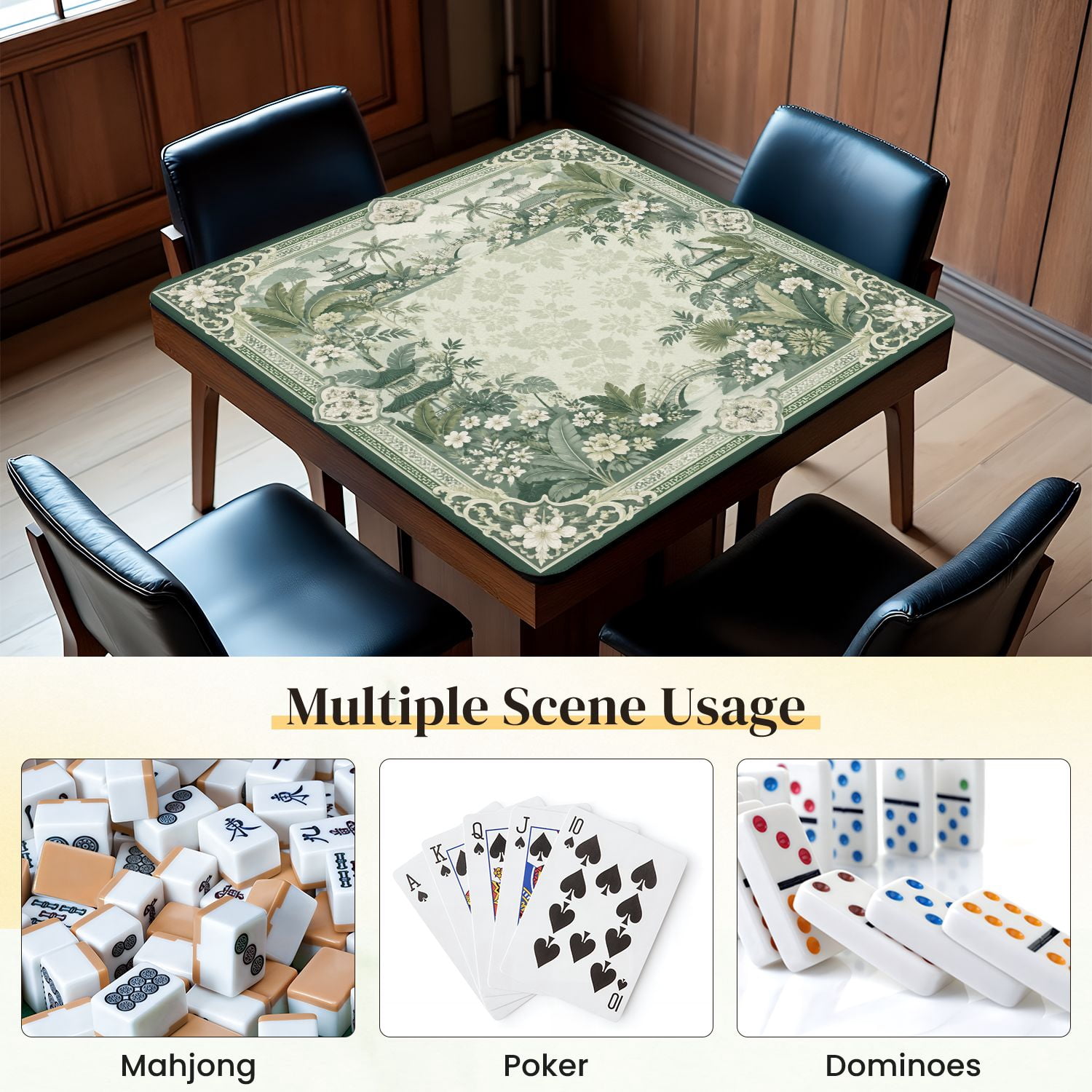 Mahjong Mat 31.5" x 31.5" Green Botanical Asian Pagodas Bridges Tropical Foliage Non-Slip Noise Reduction Mahjong Tiles Table Cover for Dominoes Poker Card Board and Tile Games