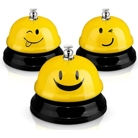 3 Pieces Desk Bell for Service, Smile Face Call Bell, Desk Bell 3 Inch Diameter, Call Bells with Metal Anti-Rust Construction,Front Desk Bell for Hotel, Restaurant, Office, Schools (Yellow)