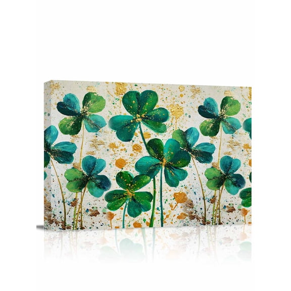 St. Patrick's Day Canvas Print Wall Art Oil-Painting Spring Blue Green Gold Lucky Shamrocks Pictures Painting Morden Artwork for Living Room Bedroom, Ready to Hang - 12"x16"