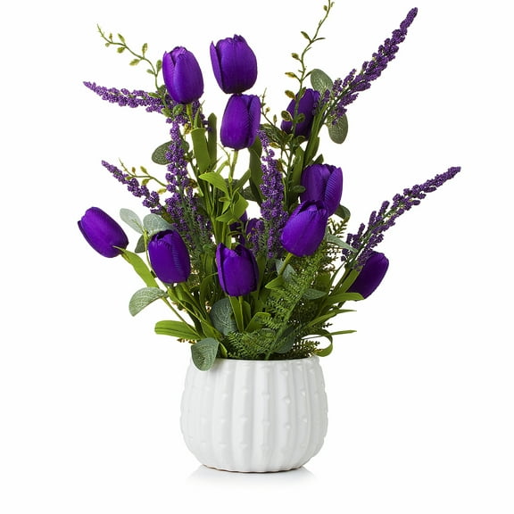 Enova Home Mixed Artificial Silk Tulip Flowers in White Ceramic Pot (Purple)