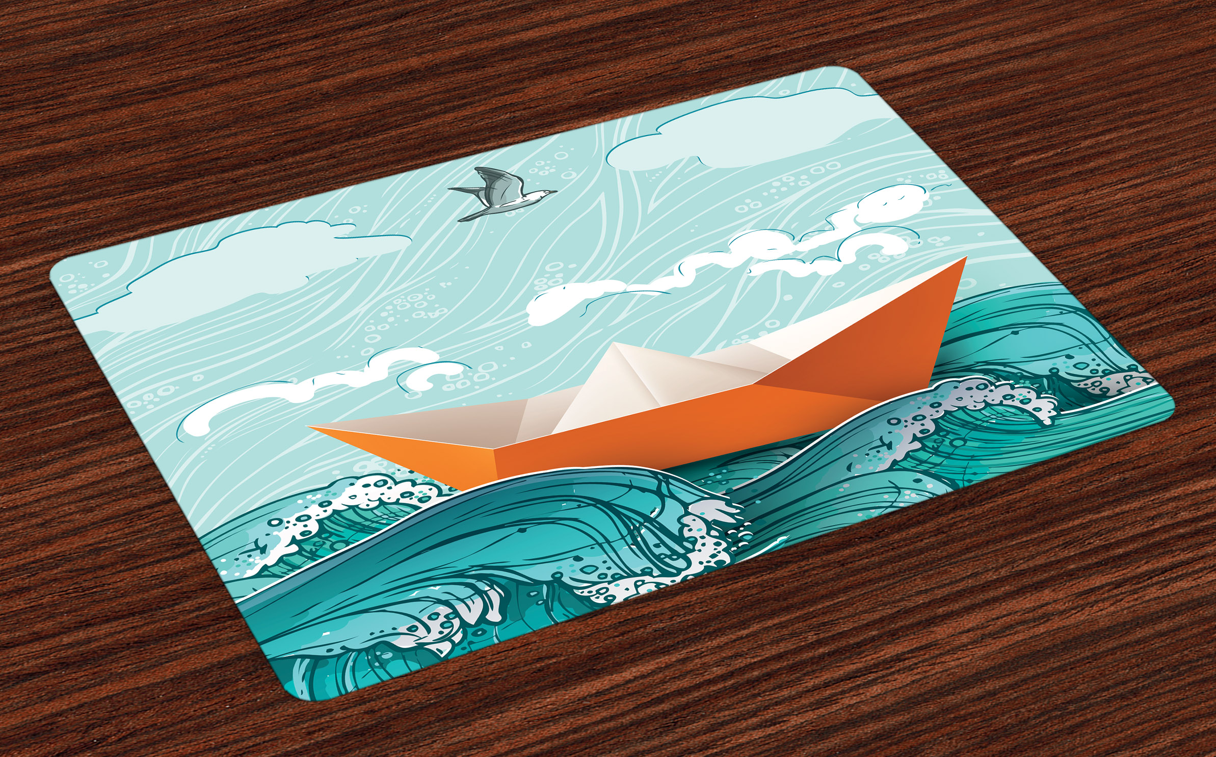 Ocean Placemats Set of 4 Navy Sealife with Waves and a Paper Sail Ship