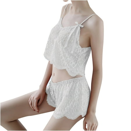

Lingerie for Women Naughty Womens Lace Sheer Elastic Camisole Satin Lace Short Nightwear Pajama Push Up Bra and Panty Sets for Women Lingerie Sets White One Size