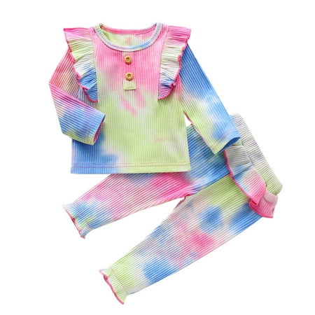 

Odeerbi Baby Boy Girl Clothes Toddler Outfit Long Sleeve Rainbow Tie-Dyed Ruffles Tops Pants Outfits Multicolor