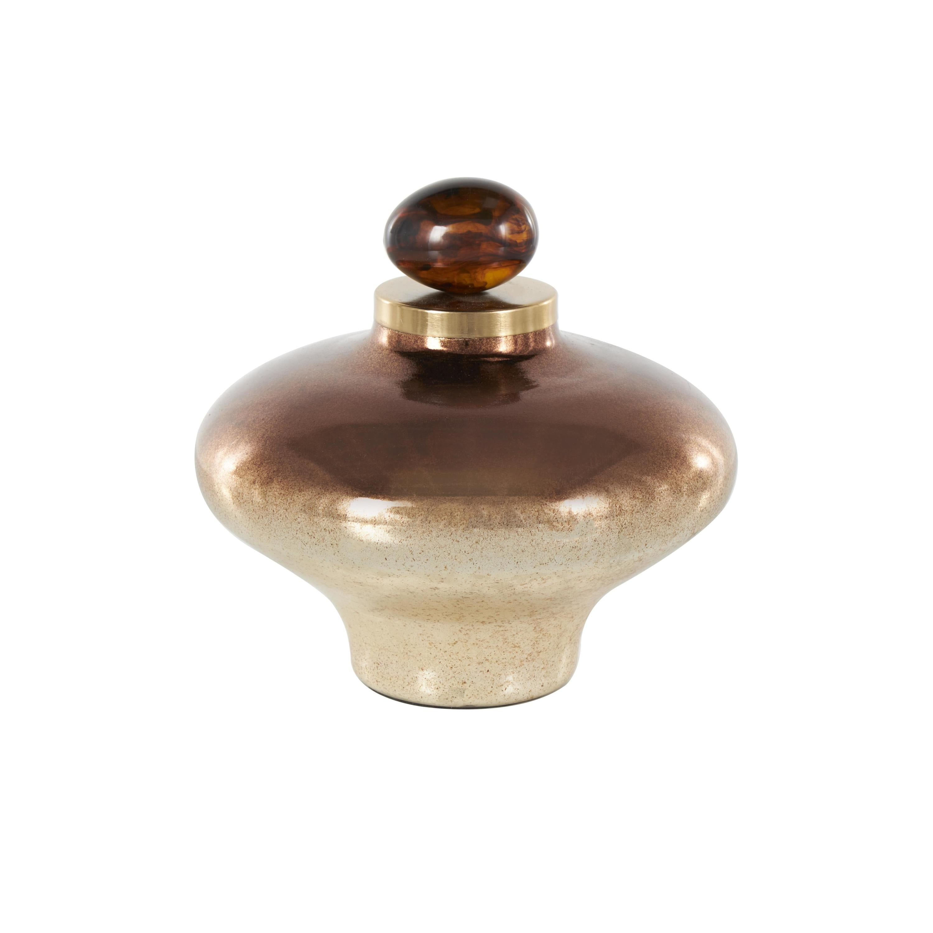 DecMode 9" x 9" Copper Glass Wide Speckled Ombre Decorative Jars with Oval Top Knob and Gold and Beige Accents, 1-Piece