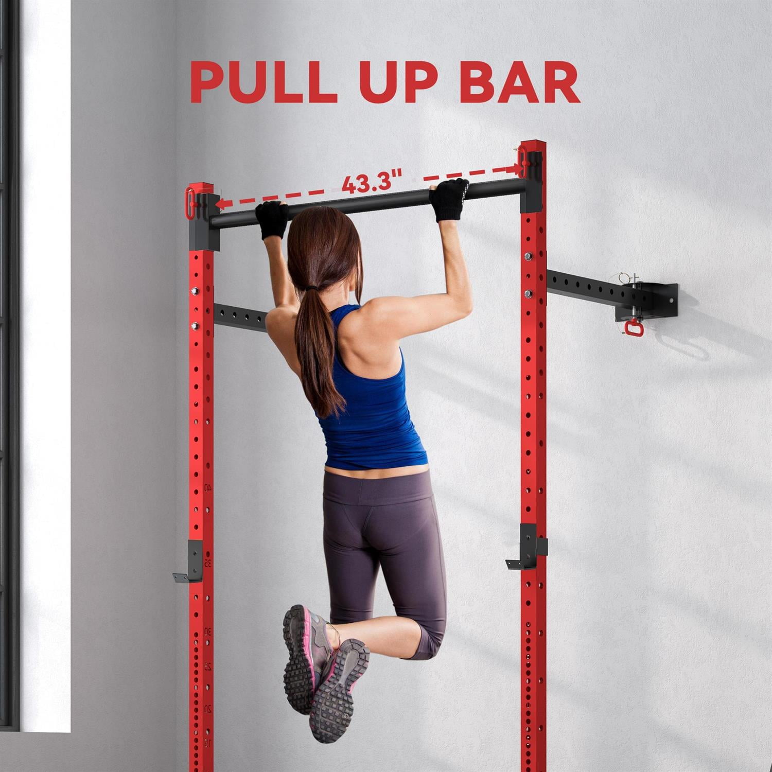 Demi Bonn Folding Squat Rack with Pull Up Bar - Wall Mounted, Adjustable 1000 LBS Capacity Power Rack ,Red