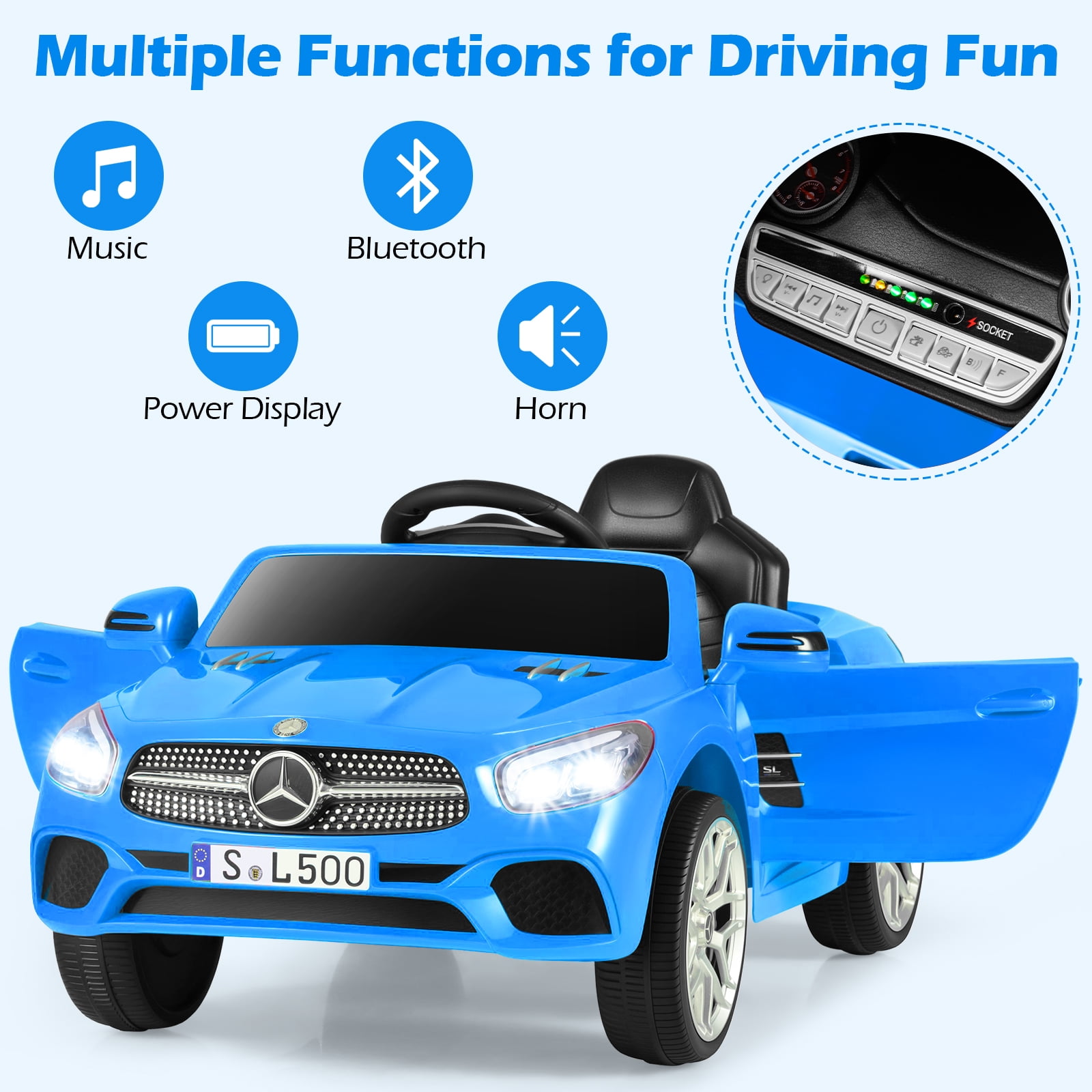 OLAKIDS 12V Electric Kids Ride On Car, Licensed Mercedes Benz SL500 Toy Car with Remote Control, MP3 Plug, USB, 2 Speeds, LED Lights, Battery Powered Toy Vehicle for Toddler Children (Blue)