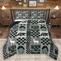 Homewish Rustic Deer Bear Queen Comforter Set for Adult, Hunting and Fishing Bedding Sets, Vintage Grey Green Buffalo Reversible Bedding Comforter Set, Super Cozy Room Decor, 3 Pieces