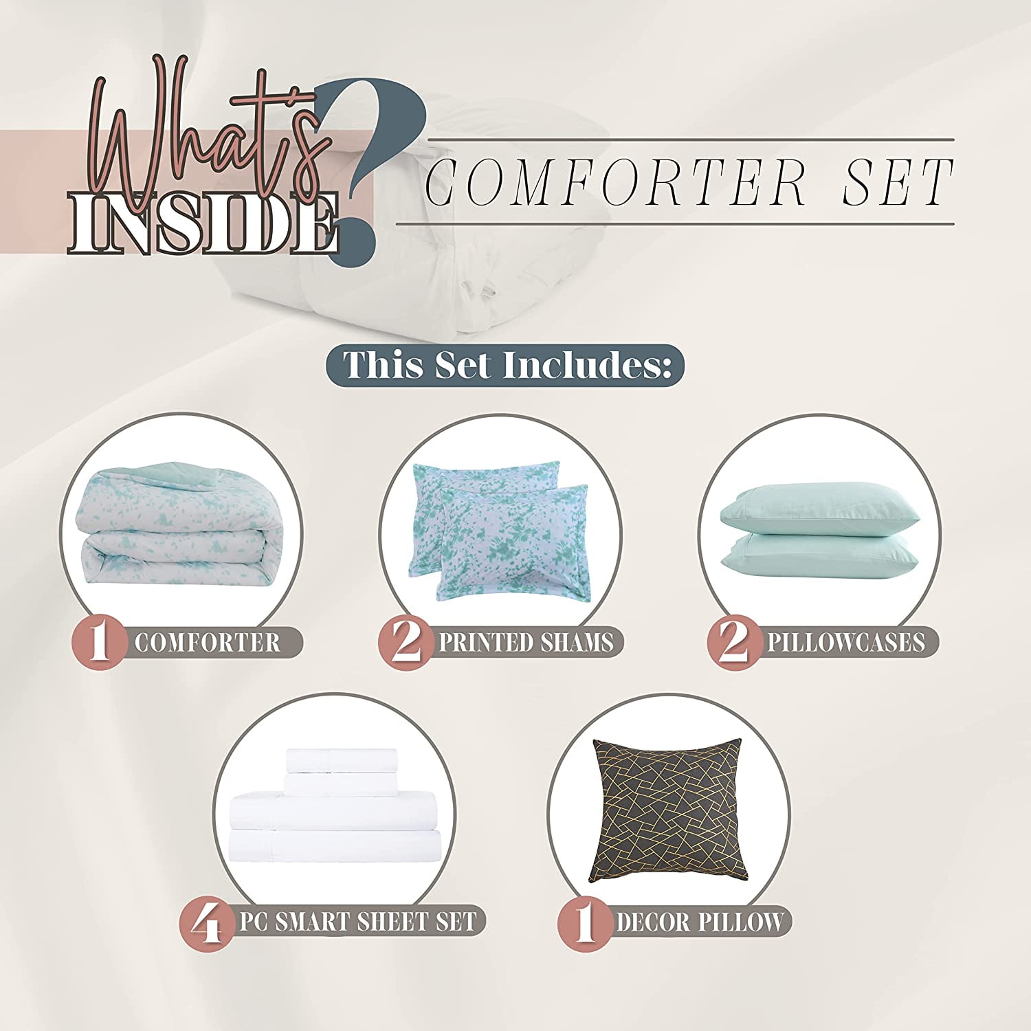 Elegant Comfort Reversible 10-Piece Comforter Set, Tie-Dye Print, Decorative Pillow and Fitted Sheet with Smart Pockets, Soft, Plush, Lightweight Material, 10pc Tie-Dye Set, Full, Aqua Mint