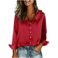 thumbnail image 4 of Women's Satin Dress Shirt Ruffle Lepal Collar Elegant Long Sleeve Top Fashion Blouse Red S, 4 of 7