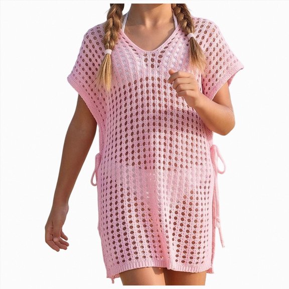 mgoYE Big Girl's V Neck Crochet Short Sleeve Beach Dress Summer Swimsuit Bikini Cover Up(Pink,10-12 Years)