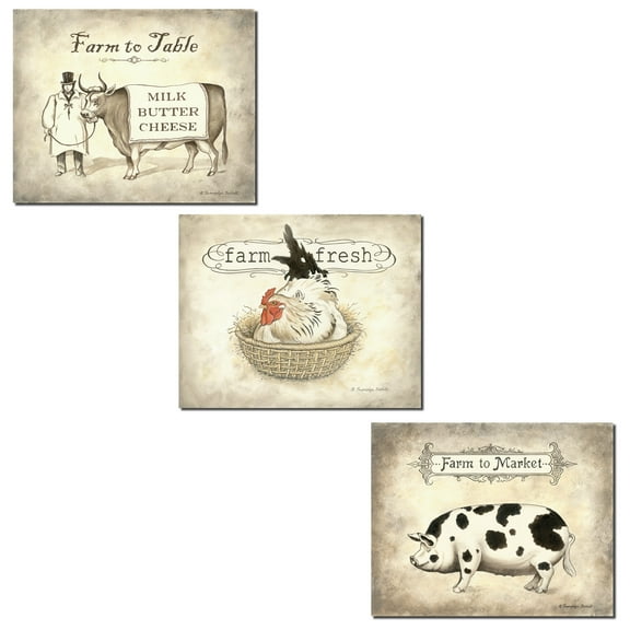 Vintage Off-White and Black Farm to Table Country Animals Adult Decor; 3- 10" x 8" Unframed Prints