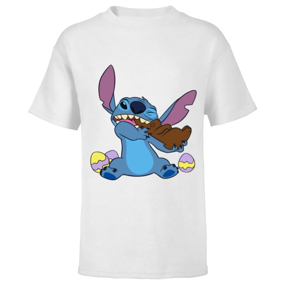Disney Stitch Eats Chocolate Bunny with Easter Eggs Funny - Short Sleeve T-Shirt for Kids - Customized-White