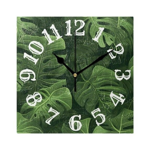 Leaves Green Wall Clock Square Silent Non Ticking Battery Operated Clock for Home Bathroom Kitchen Bedroom Living Room