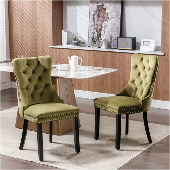 JERFIT Velvet Dining Chairs Set of 2, Modern Upholstered Side Chairs with High Backrest, Nailhead Trim and Solid Wood Legs for Kitchen, Dining Room, Olive Green