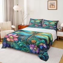 Feelyou Green Hippie Dragonfly Twin Sheet Sets, Jungle Flower Botanical Bedding, 3pcs