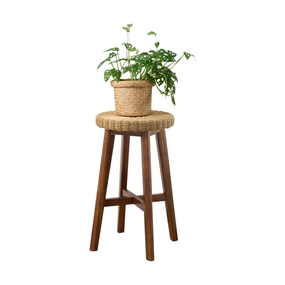 Alaterre Furniture Calais 24in Round Bar Stool with Woven Seat - Counter Height Bar Stools, Chestnut