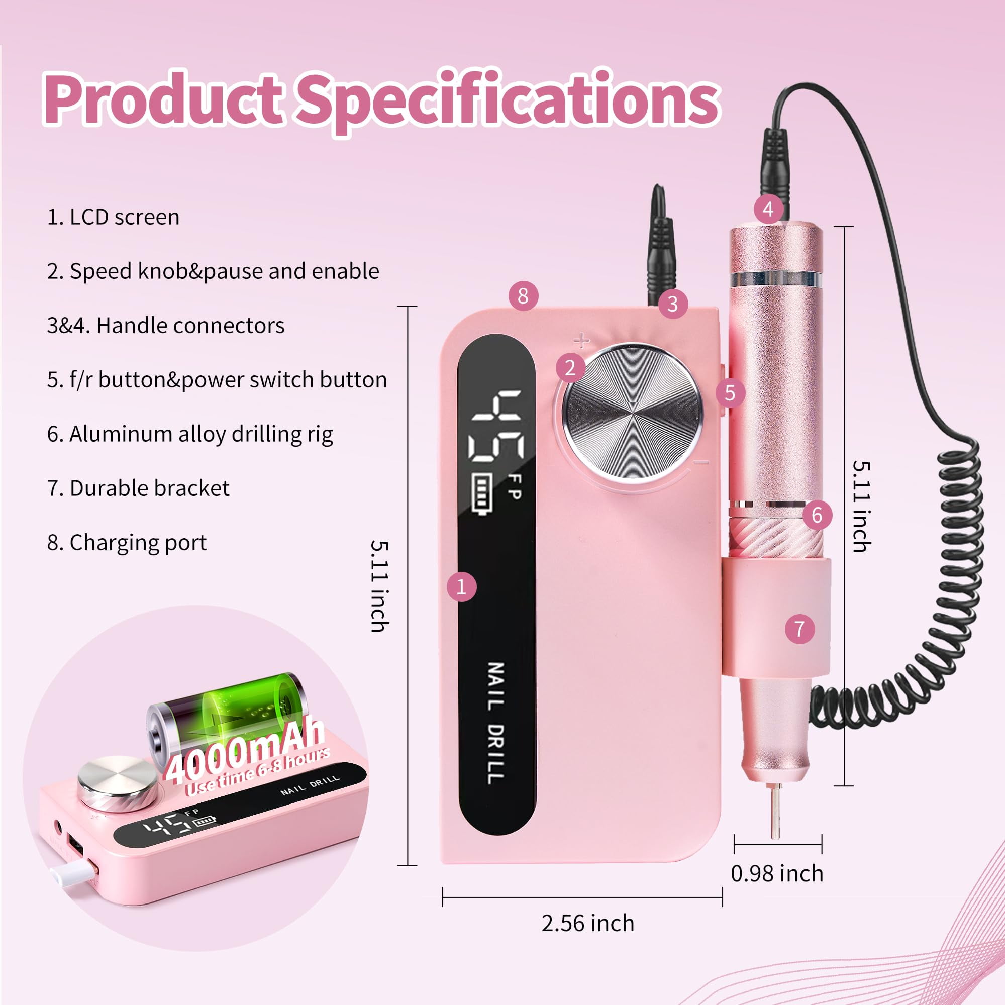 Professional Electric Nail Drill File,Cordless Portable Nail Drill 45000 RPM, Rechargeable Nail Drill Machine for Acrylic Nails Gel Polishing,Nail Kit for Manicure Salon Home(Pink)