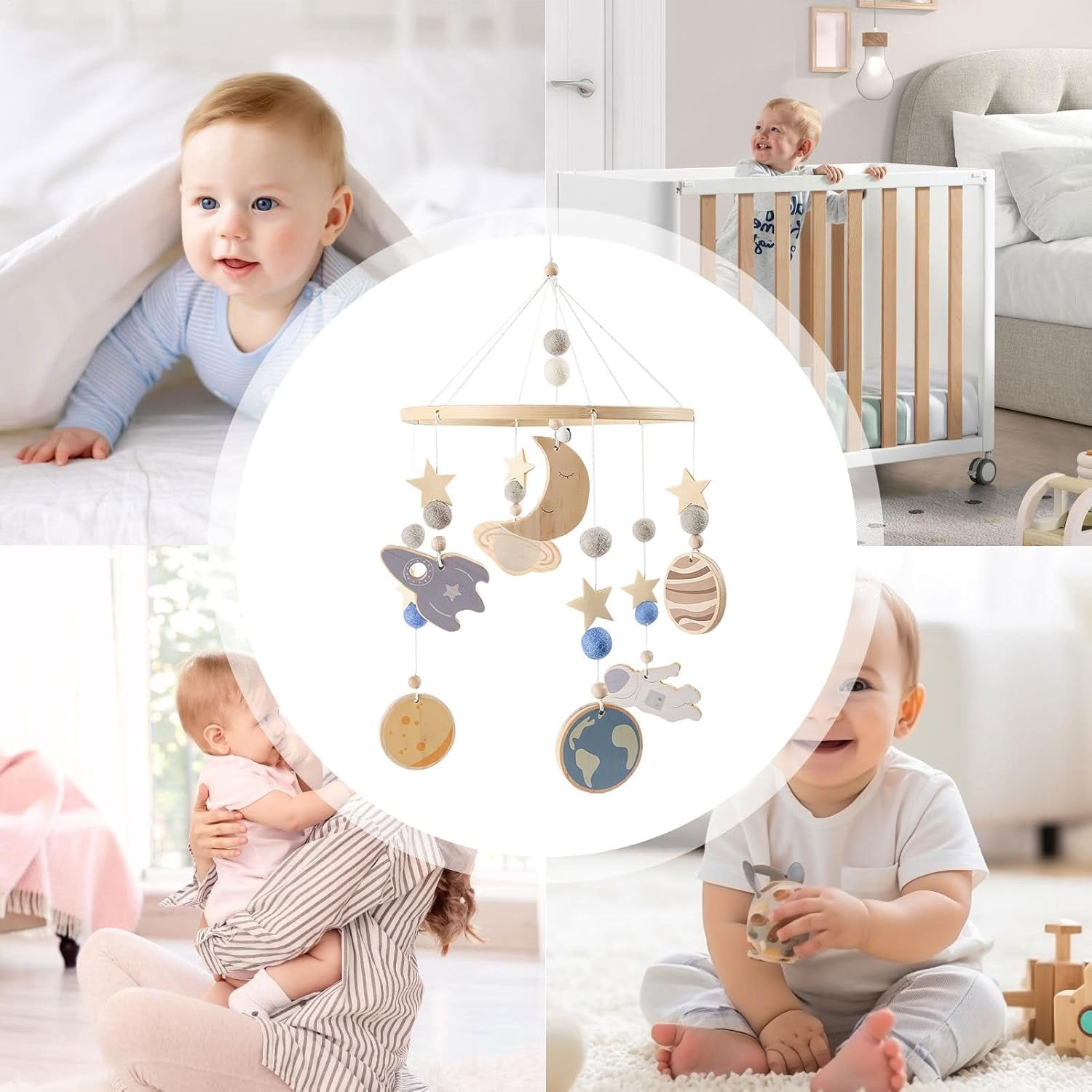 Bassinet Mobile 360° Rotating Space Theme | Wooden Crib Mobile for Baby Boys Girls | Soothing Nursery Decor with Planets Spaceship | Hanging Bedding Toy for Travel Sleep Play(DSF)