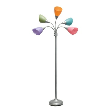 HomeStock African Adventure 5 Light Gooseneck Floor Lamp - 30"x 10"x 67" - Silver Base with Multicolored Shades for Fun Adjustable Lighting Options