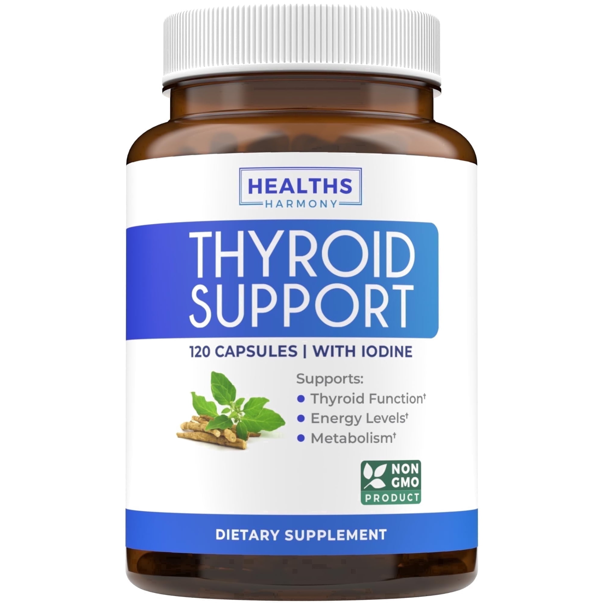 Thyroid Support with Iodine - 120 Capsules (Non-GMO) Improve Your Energy - Ashwagandha Root, Zinc, Selenium, Vitamin B12 Complex - Thyroid Health Supplement for Women and for Men - 60 Day Supply