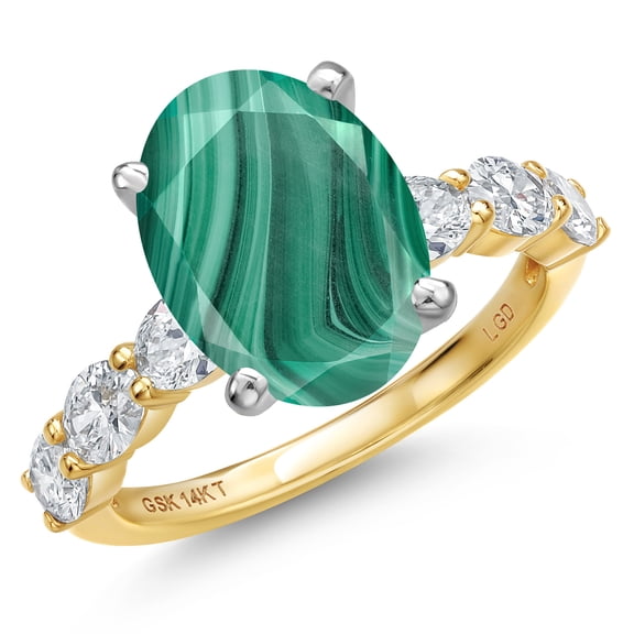 Gem Stone King 14K Two Tone Gold Green Malachite and Lab Grown Diamond Engagement Ring for Women | 6.90 Cttw | Oval 12X10MM | Gemstone Birthstone | Size 9