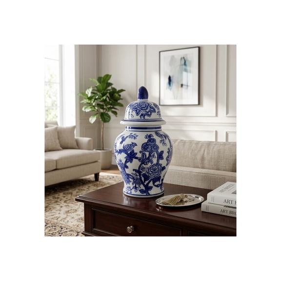 Chinoiserie Ceramic Jar Vase with Lid for Living Room and Home Decor - Decorative Flower Vase for Bedroom or Office Decor - House Accent for Table Styling and Entryway Display - 11", Blue & White