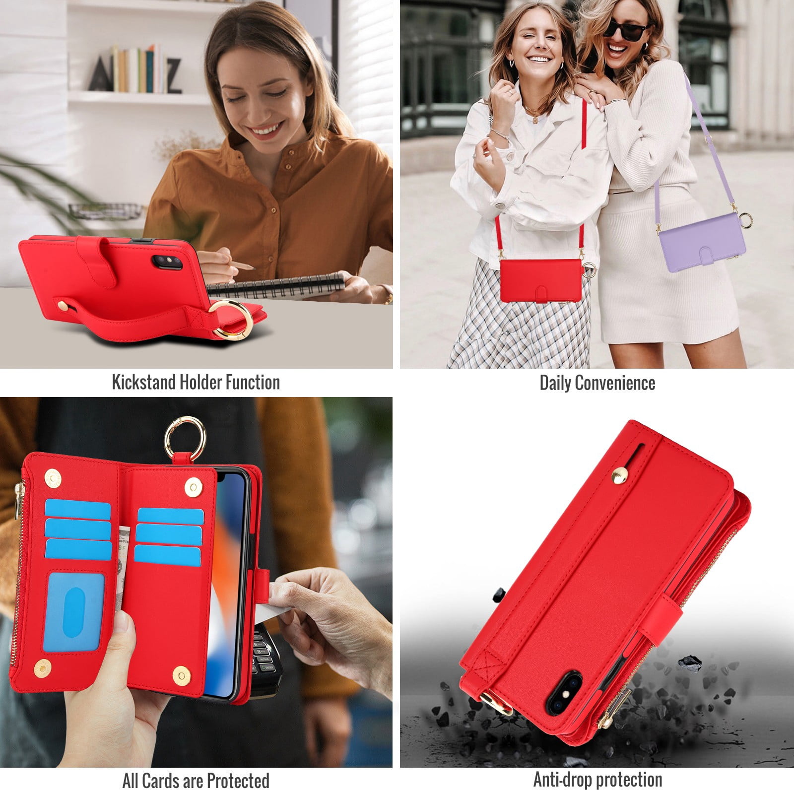 ELEHOLD For iPhone XS/X Phone Case Leather Crossbody Zipper Card Wallet Flip Case Kickstand Cover, with Ring Holder,Full Body Protection-Red