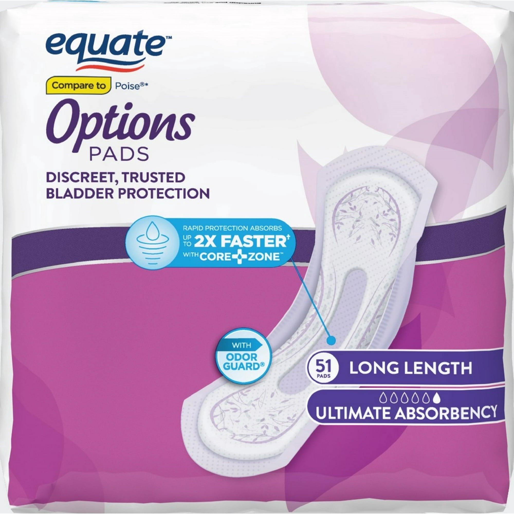 Options Women's Incontinence Pads, Ultimate Absorbency, Long Length (102 Count), Compare to Poise®