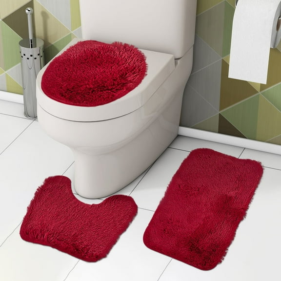 RBCKVXZ 3Pcs Solid Color Bathroom Rugs Set, Bathroom Toilet Carpet Non-Slip Mat Solid Color Bathroom Toilet Floor Mat, Home Room Decor, Household Essentials, Wine