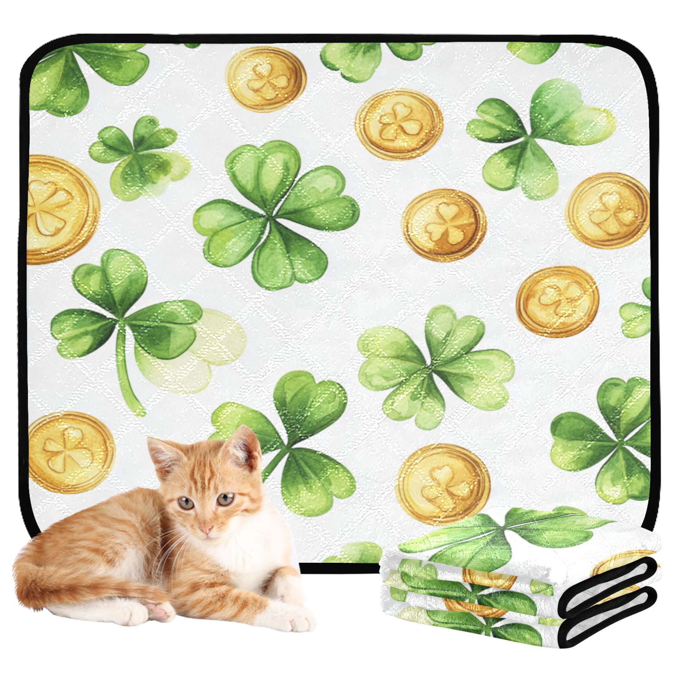 Qxltty St Patricks Shamrock and Gold Coin Patterns Cat litter Pads Pet Set of 2 Diaper Mats Center Anti-leakage Layer Absorbent Soft and Comfortable