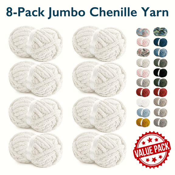 ComfiTime 8-Pack Jumbo 7 Chenille Yarn – Strong Thick Soft Fluffy Yarn for Crochet & Hand Knitting, Quick Work for Plush Blankets, DIY Crafts & Home Décor, Machine Washable, 28 Yds/Skein, White
