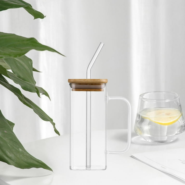 Square Mug,Glass Mug Square 400ml Drinking Glass Cups,Cup with Lids and  Straws Handle,Drinking Glass Bottle Transparent Drinkware,Heat Resistant  clear Teacup Reusable,Juice Beverage B 