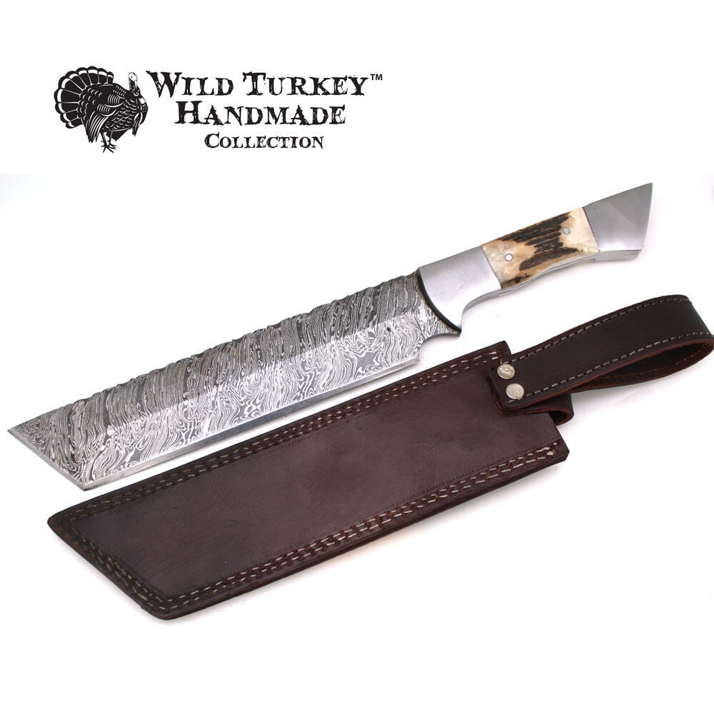Wild Turkey Handmade Damascus Fixed Blade Hunting Knife w/ Leather Sheath