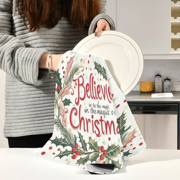 BZSMCE Kitchen Towels Creative Design Leaf Wreath Pattern for Christmas Pattern Durable Kitchen Towel