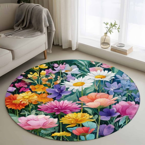 Round Rug 4Ft Washable Non-Slip, Watercolor Spring Floral Circle Area Rugs for Living Room Bedroom, Farmhouse Flowers Colorful Indoor Floor Mats Carpet Runner for Home Decor Aesthetic