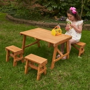 LANTRO JS Wooden Outdoor Picnic Table with Three Benches, Kids Patio Furniture, Amber