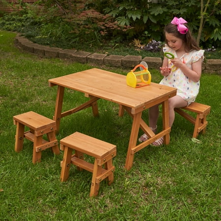 LANTRO JS Wooden Outdoor Picnic Table with Three Benches, Kids Patio Furniture, Amber