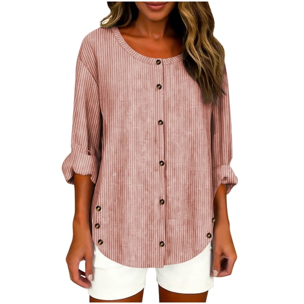Camiseta de Lino de Color Sólido Casual de Manga Larga de las Mujeres con Botones Decorativos Y Cuello Redondo, Acento a Rayas para el Uso Diario de Primavera, Túnica de Moda