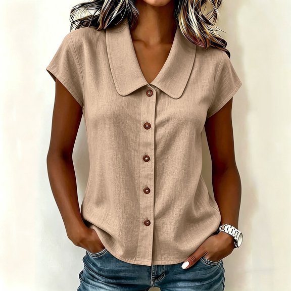sdhkgrrt Women Short Sleeve Button Down Shirts Summer Casual Collared Tops Solid Slim Fit Pullover Blouses Cute Office Work Outfits Clothes, Beige S