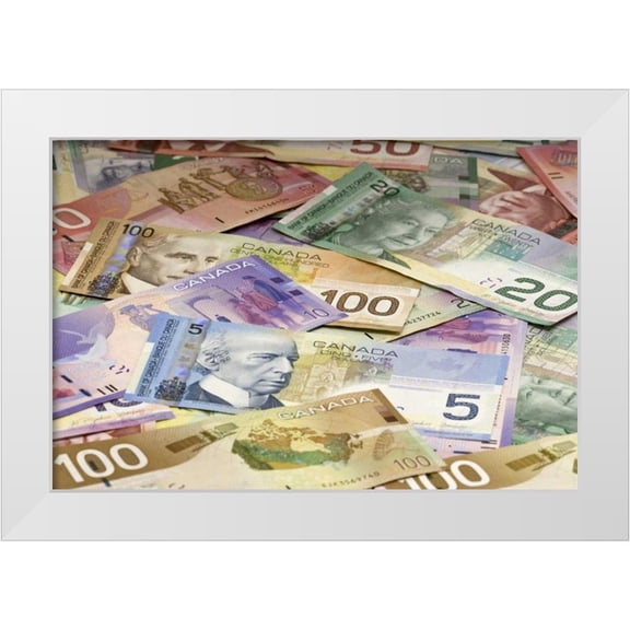 Flaherty, Dennis 14x11 White Modern Wood Framed Museum Art Print Titled - Close-up of assorted Canadian paper currency
